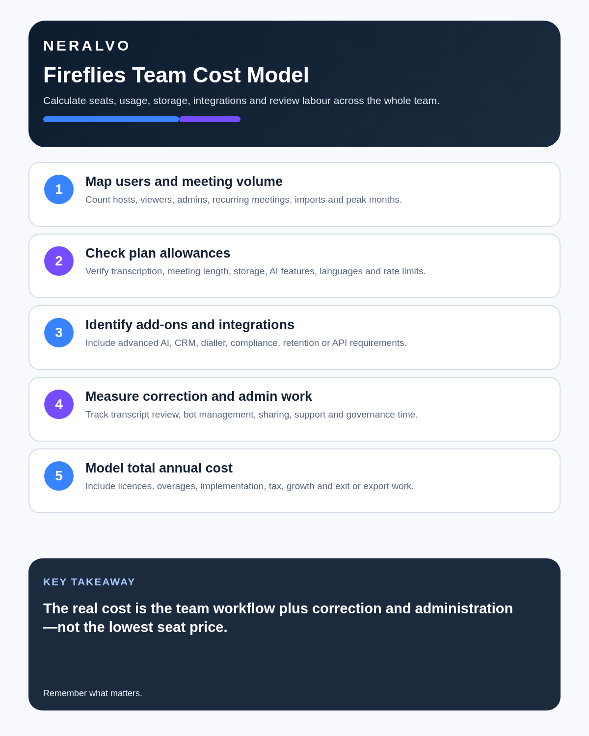 Fireflies.ai review infographic covering users and volume, plan allowances, add-ons and integrations, correction and admin work, and total annual cost.