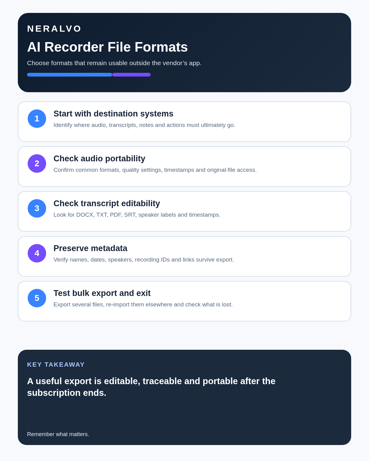 AI recorder file format infographic covering destination systems, audio, transcript editability, metadata and bulk export.