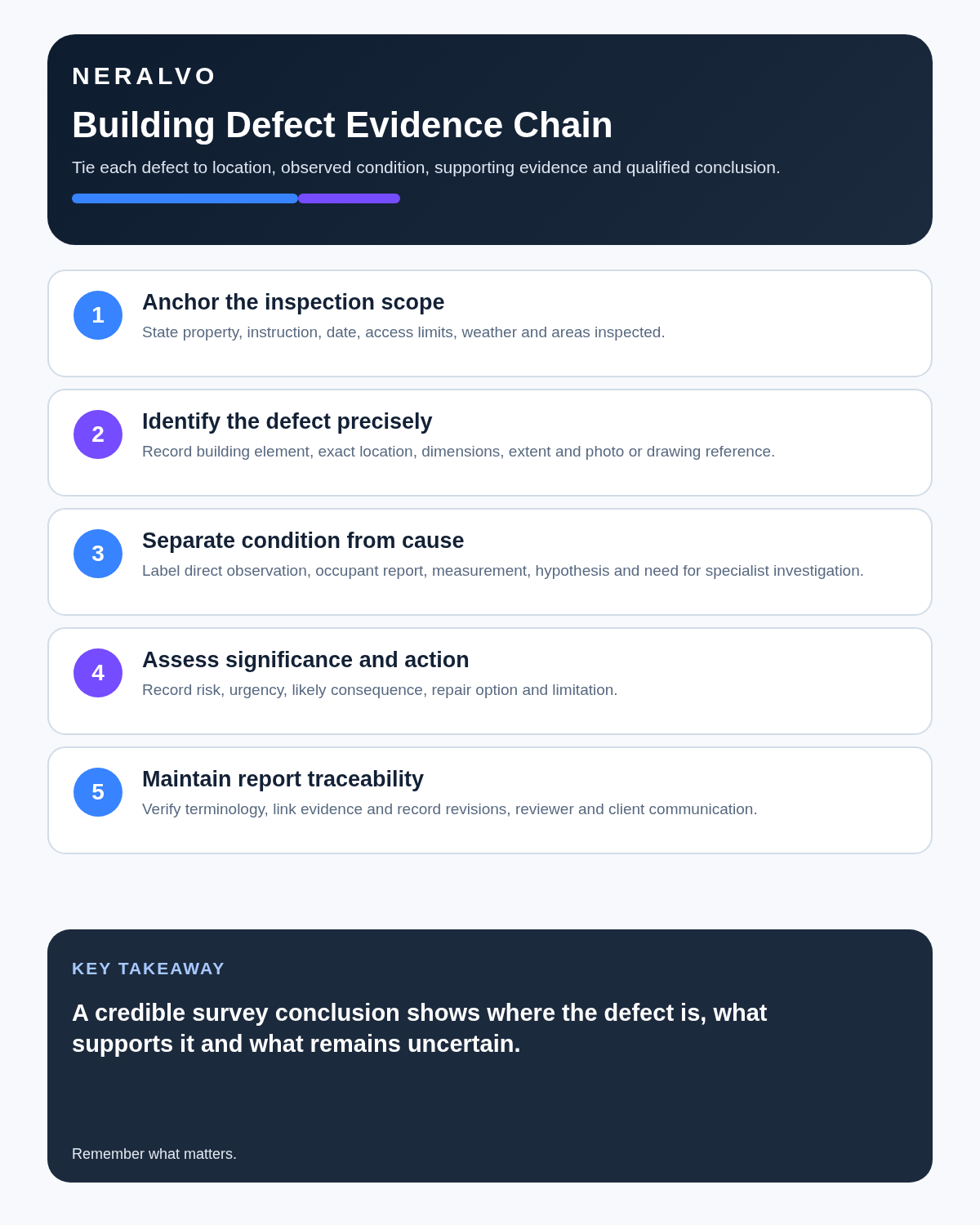 Building surveyor infographic covering inspection scope, precise defect location, condition versus cause, significance and actions, and report traceability.