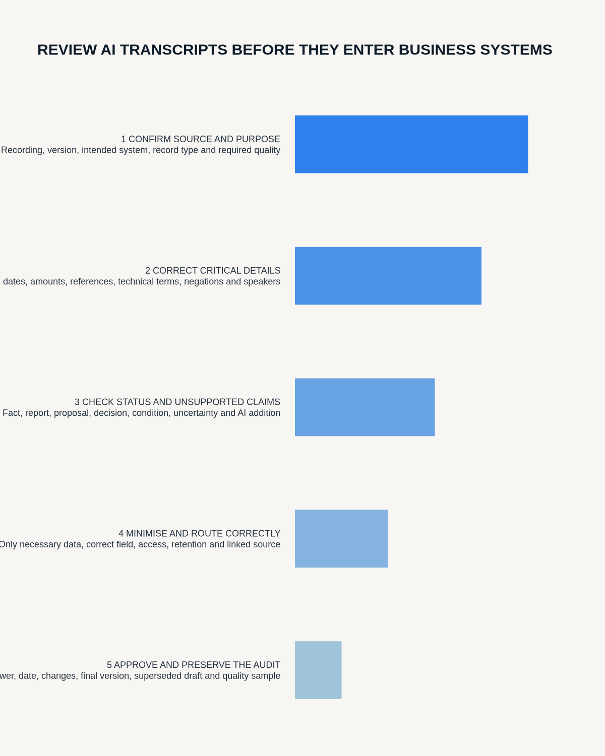 AI transcript business-system review infographic covering source and purpose, critical-detail correction, status and unsupported claims, minimisation and routing, and approval and audit.