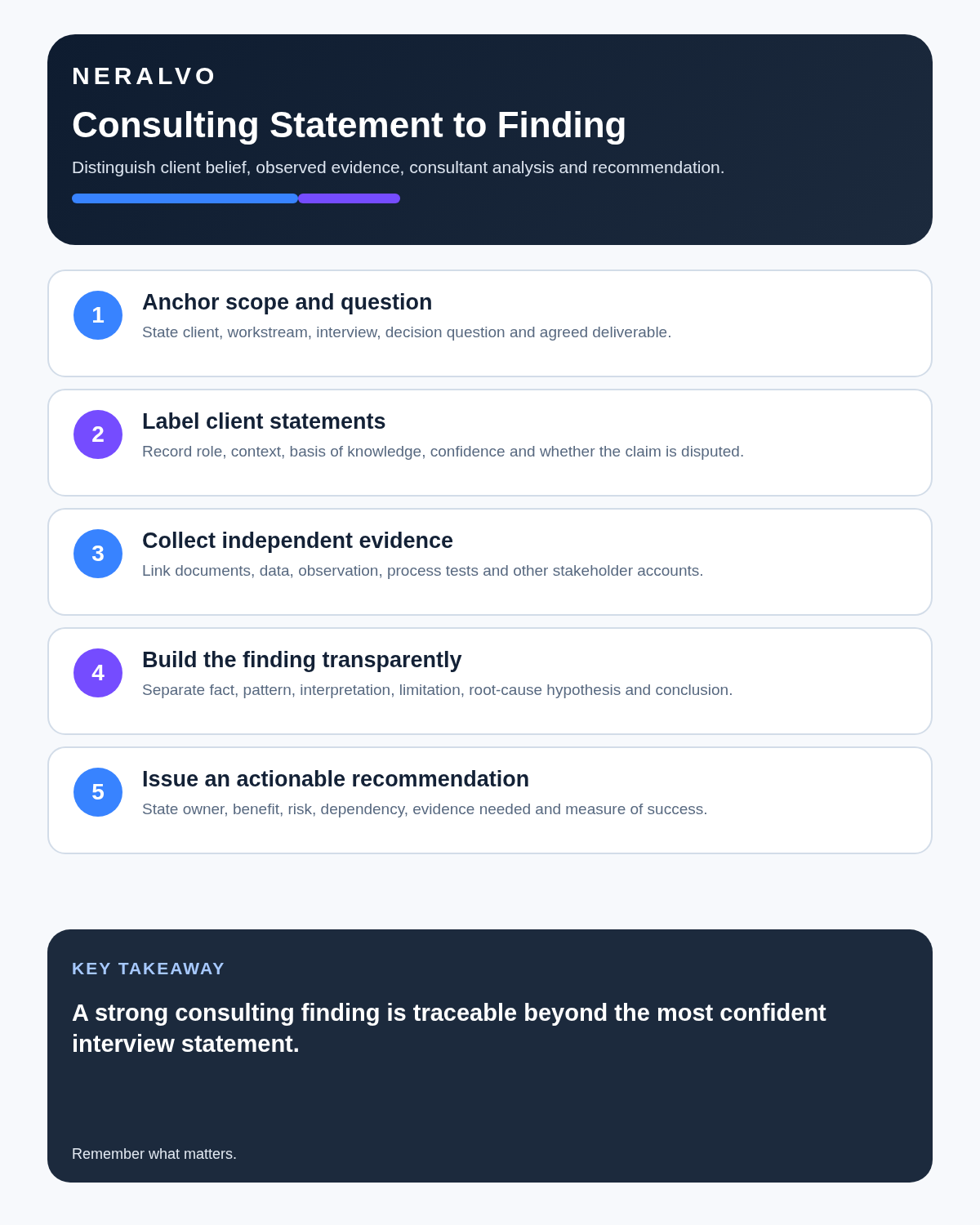Consultant infographic covering scope, client statements, independent evidence, transparent findings and actionable recommendations.