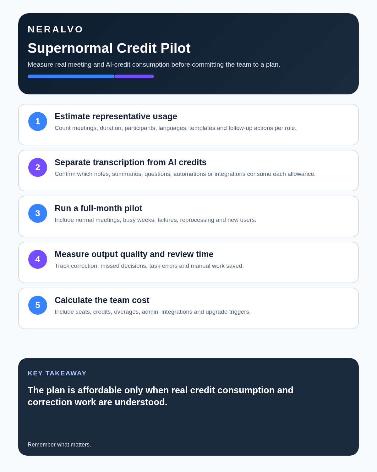 Supernormal review infographic covering representative usage, transcription versus AI credits, full-month pilot, review time and total team cost.