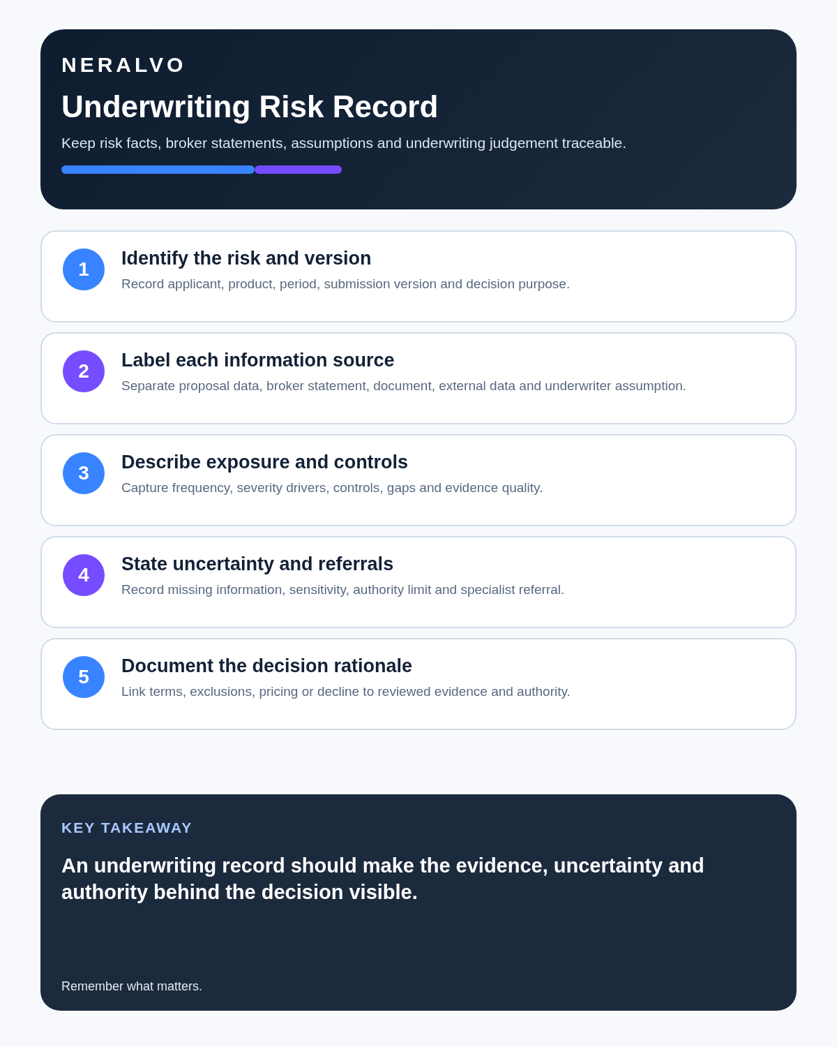 Underwriter infographic covering risk identity, information sources, exposure and controls, referrals and decision rationale.