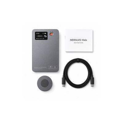 NERALVO Halo — what's in the box: device, magnetic mount, USB-C cable, quick-start card